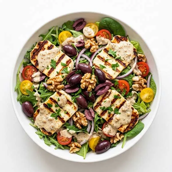 Grilled Halloumi Salad with Kalamata Olives & Walnut Cream Dressing